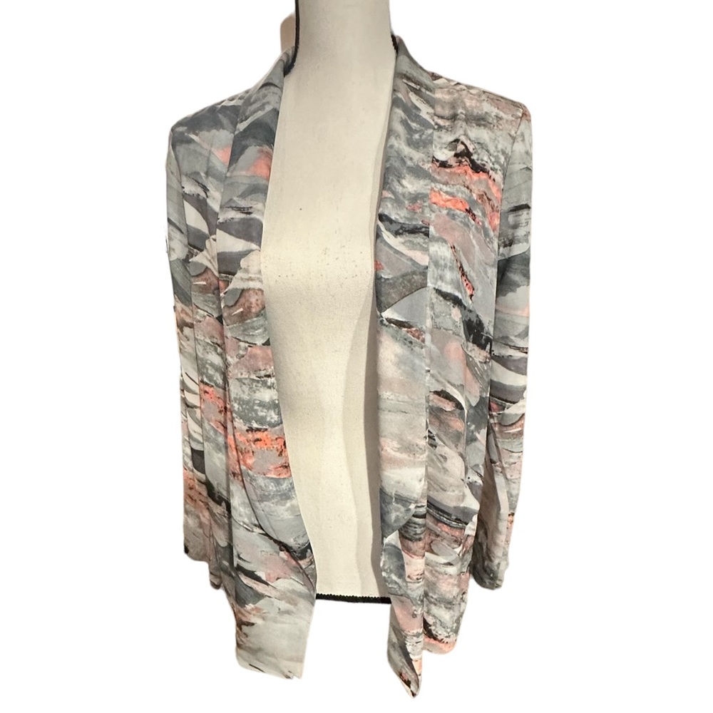 Lush Pastel Watercolor Gray Pink Coral Salmon Printed Open Blazer Top Size M
